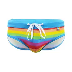 Swimming Trunks Shorts Men With U-convex Cup Men Rainbow Striped Print Drawstring Surf Briefs Beachwear Triangle Swimming Trunks