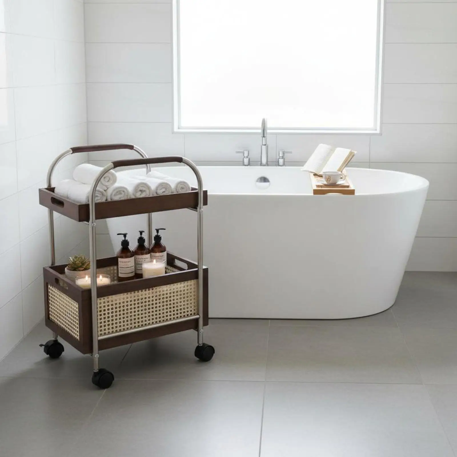 Rolling Utility Cart 2 Tier Wooden Serving Trolley with Rattan Basket for Bedroom