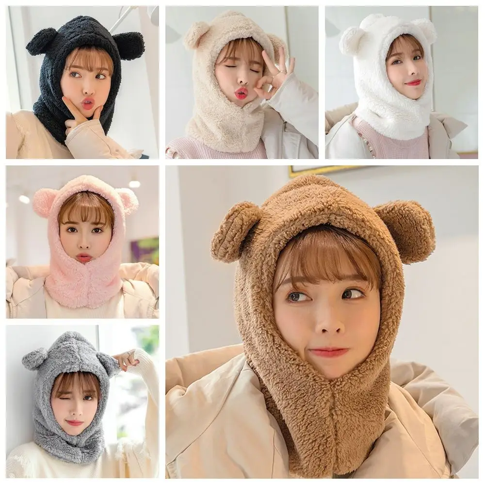 

Casual Cute Bear Ear Hat Scarf Windproof Cartoon Winter Warm Hedging Cap Solid Color Korean Style Plush Hat Scarf Travel