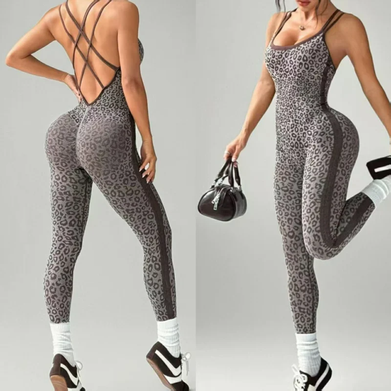 

Комбинезон на бретельках с леопардовым принтом, женские обтягивающие комбинезоны без рукавов с открытой спиной, женская спортивная одежда для бега, фитнеса, йоги