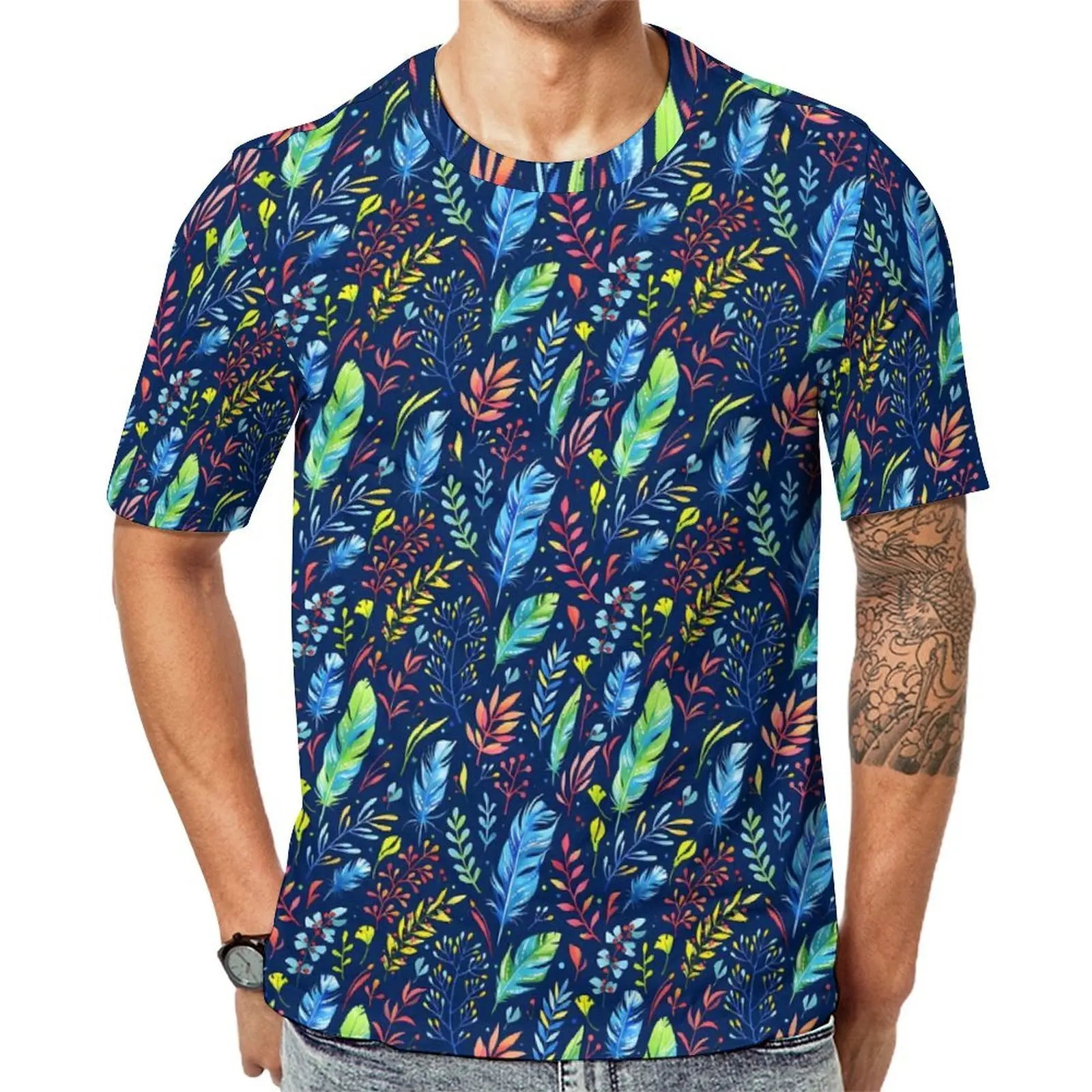 Plus Size T-Shirt Beach Boho Feather T Shirts Colorful Flowers Funny Crewneck Tshirt Male Trendy Graphic Clothing