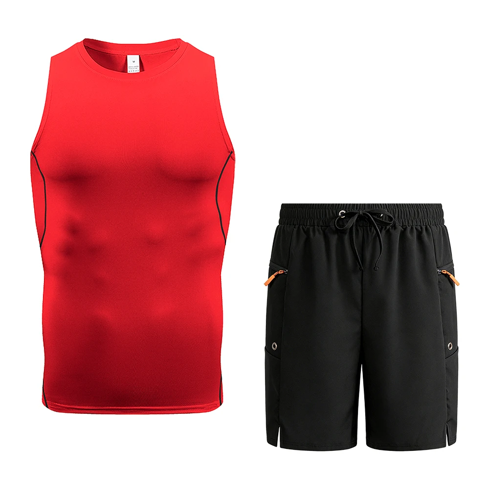 طقم تانك وسروال قصير بدون أكمام للرجال للجري في الهواء الطلق وكاجوال بلون سادة وجيوب بسحاب وخصر مطاطي ورباط