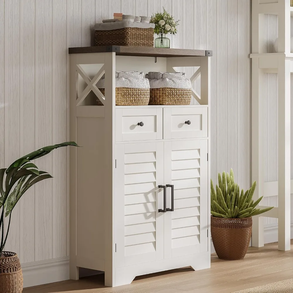

Farmhouse Storage Cabinet, Bathroom Floor Cabinet with Doors and Drawers, Kitchen Pantry Cabinet for Living Room, Laundry, Whit