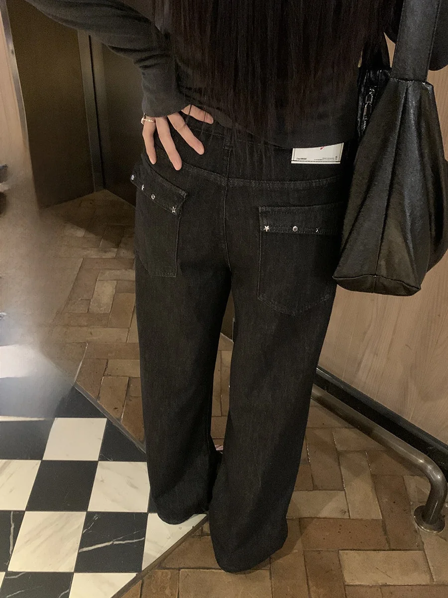 

High Waist Slimming Straight Leg Jeans Cool Girl Rivet Pocket Versatile Casual Pants High Quality Denim Fabric Wear Resistant