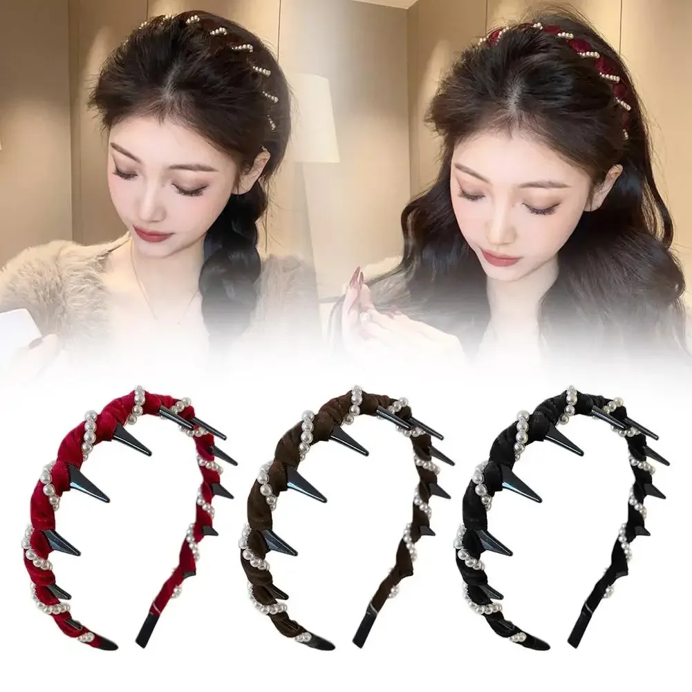 빈티지 벨벳 진주 웨이브 헤어밴드 미끄럼 방지 톱니형 헤어밴드 여성 소녀용 패션 달콤한 헤어 액세서리