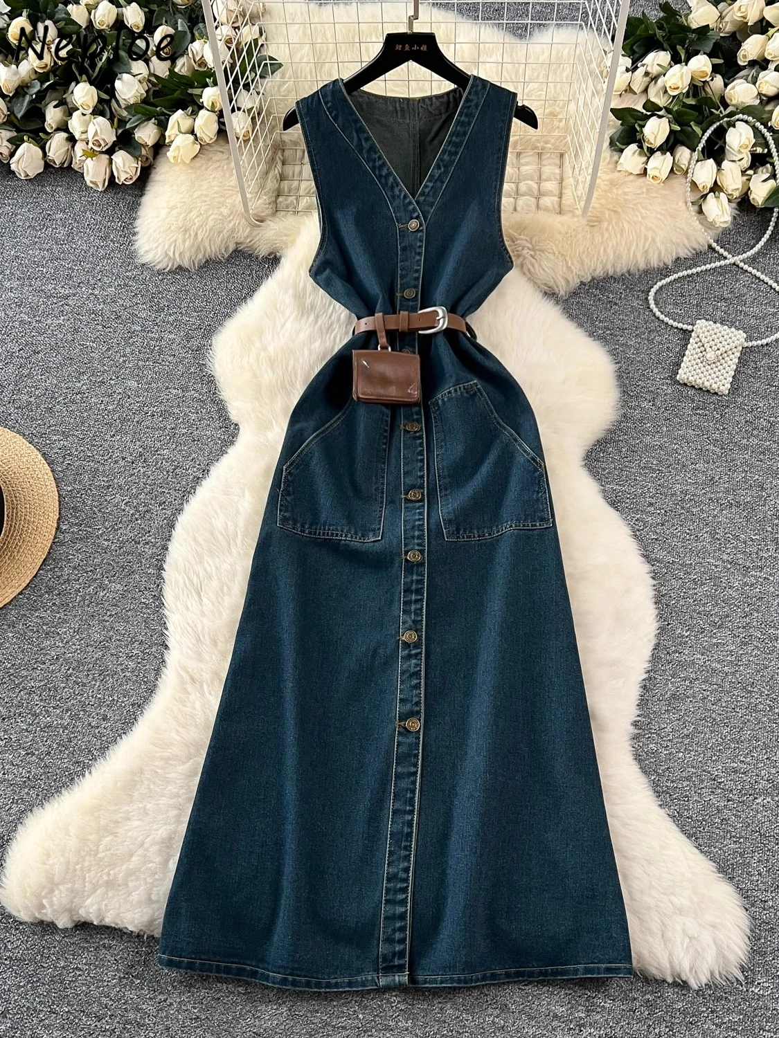 

Neploe Summer Women's Advanced Belt Mujer Sleeveless Elegant Single Breasted Vestido Slim Mid-length Denim Luxury Moda Dresses