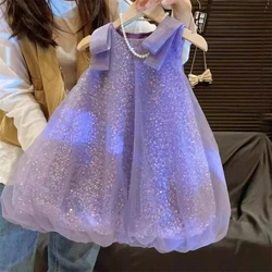 Flower Girl Dress Purple Mesh Sequin Birthday Party Children's Clothing Solid Color Vest Kids Dresses for Girls Casual Wear
