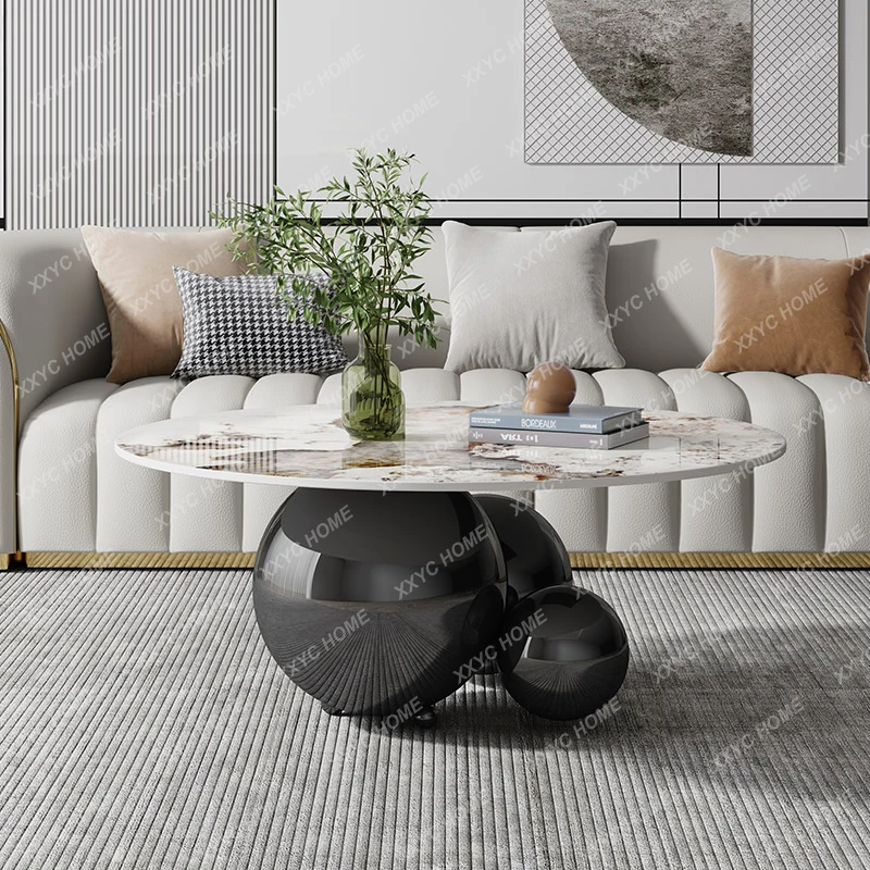 Designer round Bright Stone Plate Coffee Table Minimalist Stainless Steel Household Special-Shaped Net Red Ball