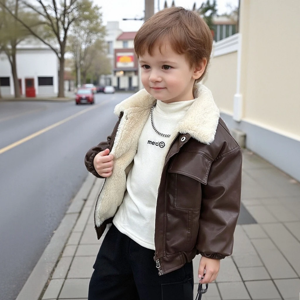 

Boys Leather Jacket Winter Thick Warm Faux Fur Coat for Kids Cool Windproof Outerwear Casual School Teen Boy Clothes 12 13 Years