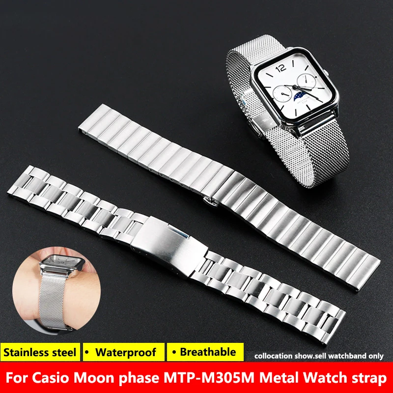 

For Casio Moon phase MTP-M305M MTP-M300 Metal Watch strap 20mmMen Stainless steel High quality Silver Black Watchband Equip tool