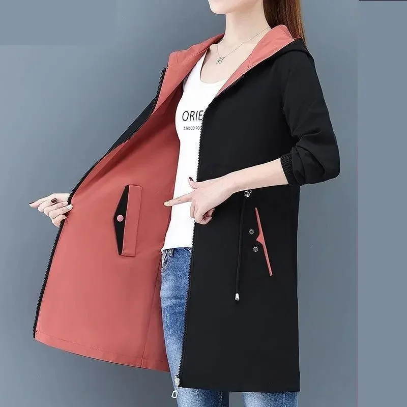 

2024 New Autumn Windbreak Female Jacket Women Hooded Coats Casual Basic Jackets Two Side Wear Mid Long Trench Coat Outwear B20