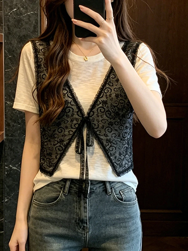 

Summer 2026 Women's Lace Vest Knitted Short Sleeve T-Shirt Layering Slimming Top Age-Defying Versatile Korean Style Commute