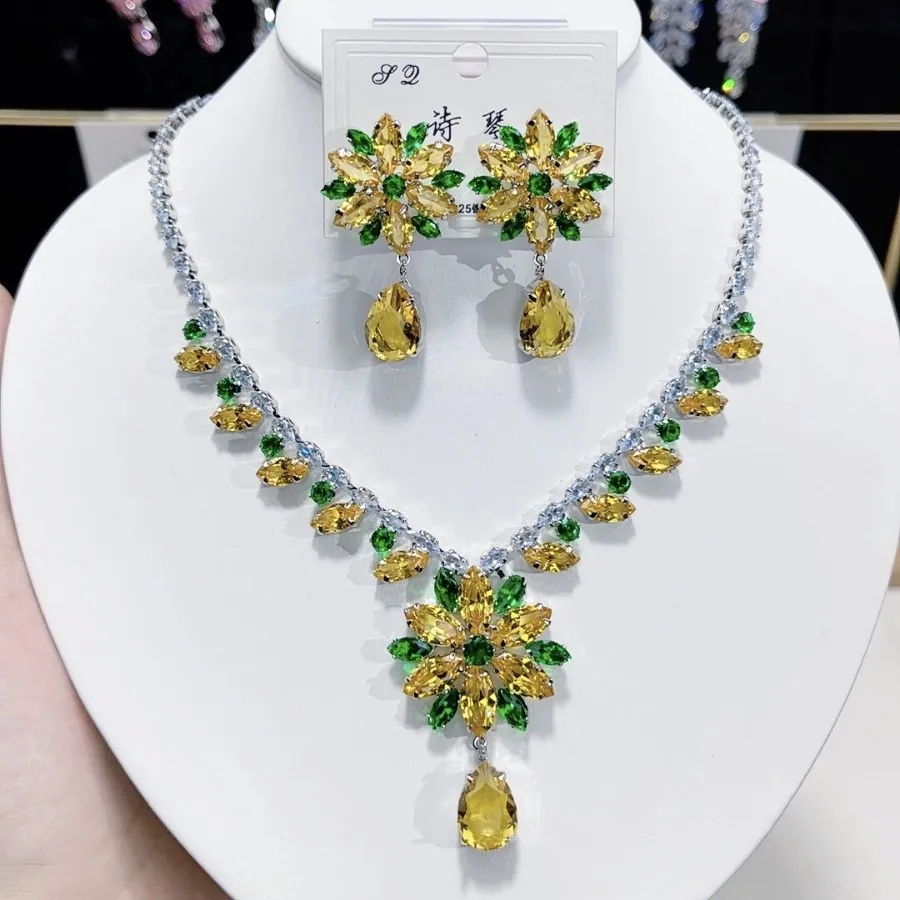 Luxury Handmade Jewelry Set Cubic Zirconia Flower Necklace Earrings Sets 925 Sterling Silver Posts Women Party Jewelry Gift