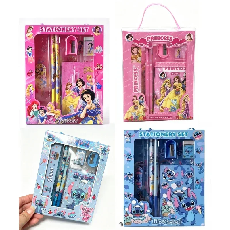 Disney Stitch、Snow WhiteStationery Set School Gifts With Pencil Pen Sharpener Eraser Notebook Ruler，Anime Merchandise