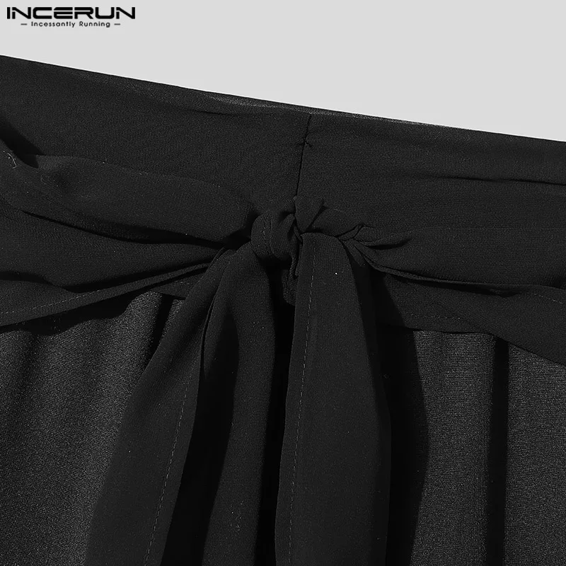 INCERUN celana panjang kasual pria, 2024 pita celana panjang sambungan jala, celana panjang kaki lebar sederhana tembus pandang untuk pria