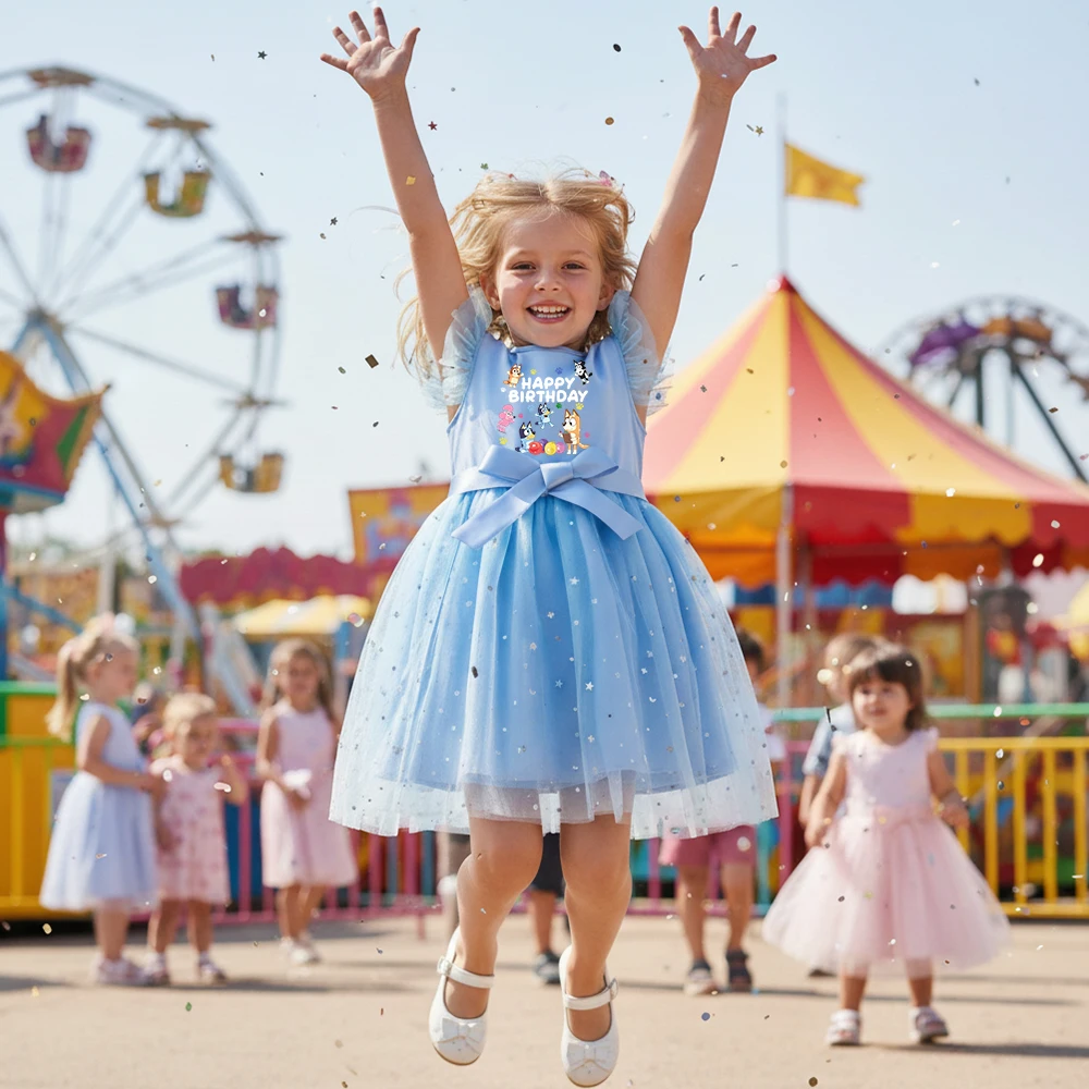 Bluey – robe de princesse pour filles, tenue de fête d'anniversaire à paillettes, étoile de dessin animé, jupe à manches volantes, cadeau de Festival quotidien pour enfants de 2 à 6 ans
