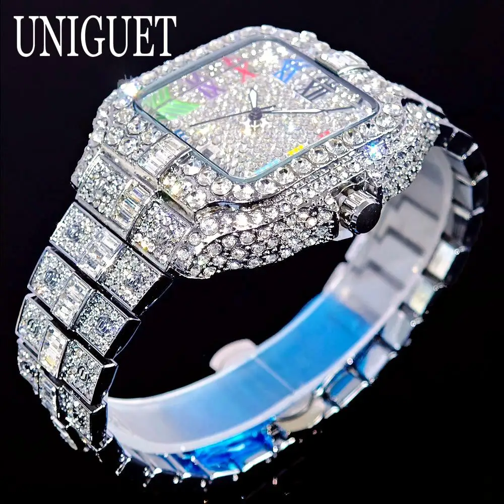 Relojes de hielo de Hip Hop para hombre, marca UNIGUET, Color de moda, Literal romano, lujo, diamante ostentoso, reloj de pulsera cuadrado AAA, triangulación de envíos