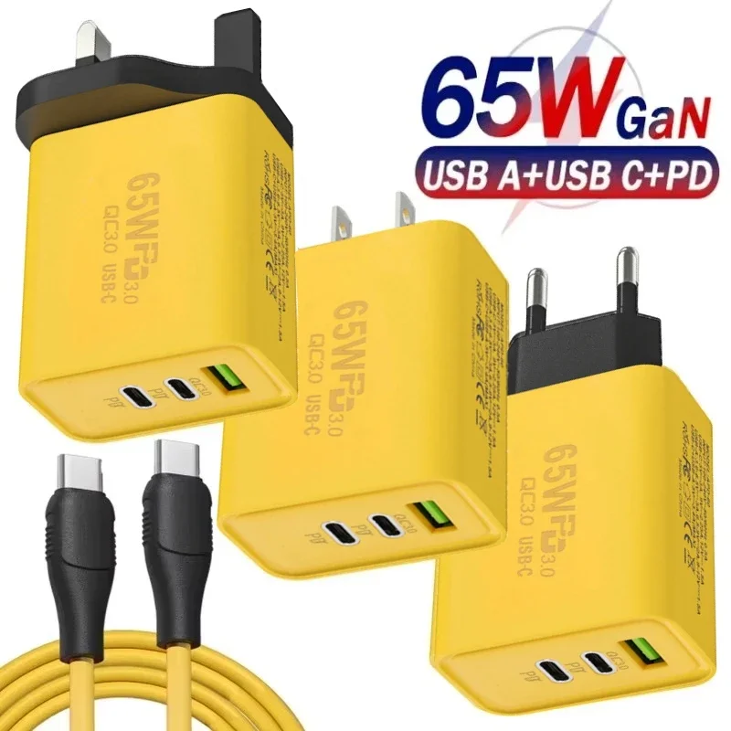 65W High-speed GaN Mobile Phone Chargers QC3.0 3 Ports USB Type C PD Fast Phone Charger Adapter Type C Data Cables Set EU/US/UK