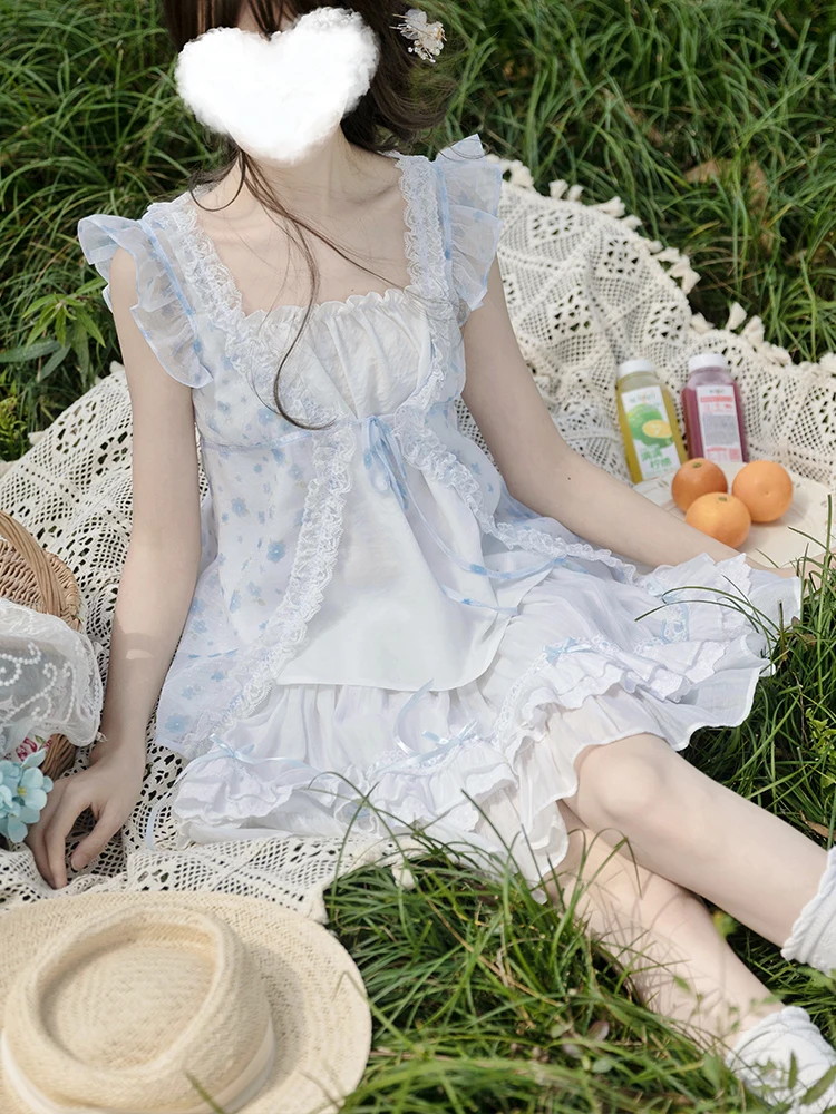 Minifaldas japonesas de dos piezas para mujer, Top estampado de malla de encaje sin mangas con cuello cuadrado, cintura alta elástica, corte en A