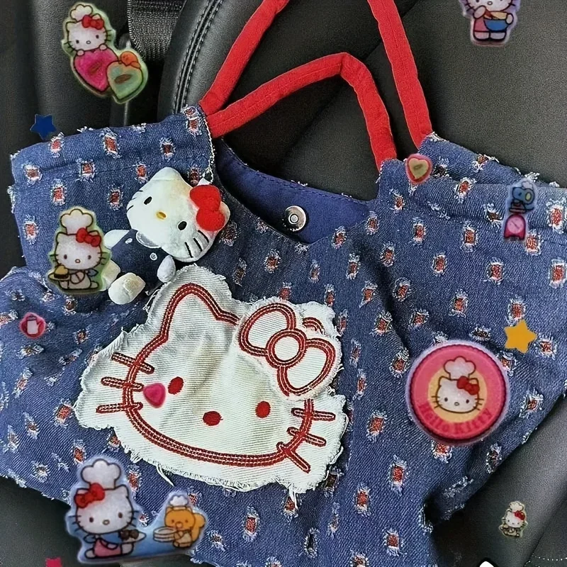 Sanrio HelloKitty Denim Handbag Retro Patch Design Large Capacity Canvas Single Shoulder Handbag Cartoon Single Shoulder Handbag