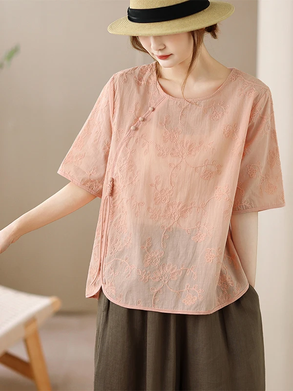

New Chinese Style Artistic Women's Shirt Summer Slimming Embroidered Zen Cotton Short Sleeve Loose Fit Fashionable Tailored