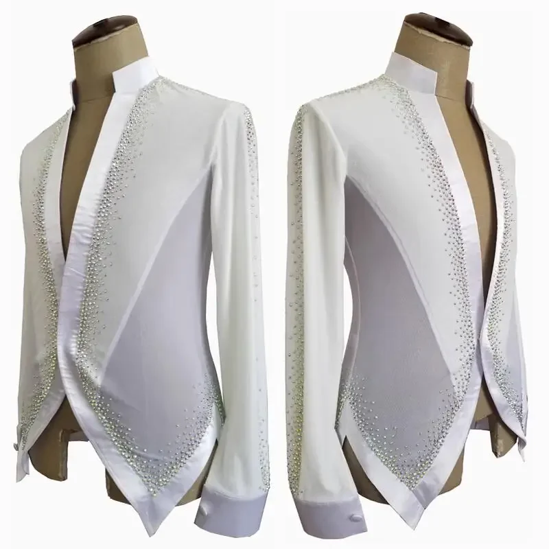 Latin Dance Competition Shirt For Men Long Sleeves Rhinestone Tops Male Latin Dance Costume Salsa Ballroom Dance Tops DNV17968