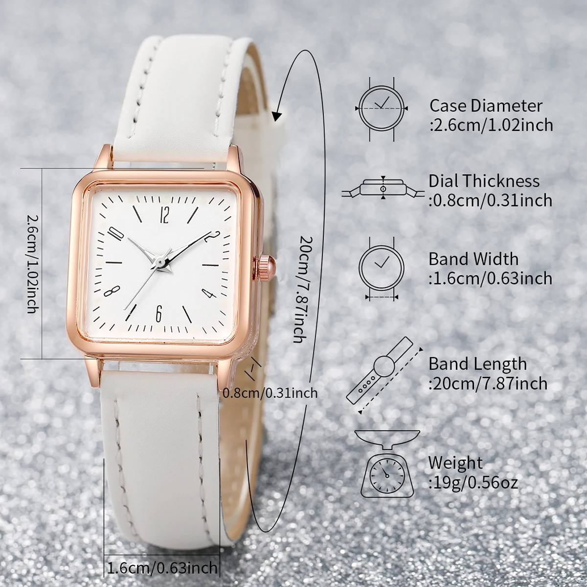 2PCS/set Fashion White Leather Strap Square Quartz Watch with Pearl Bracelet for Women