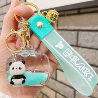 Creative Panda Keychain Pendant Oil Floating Liquid Quicksand Bottle Cute Panda Doll Car Key Chain Decor Accessories