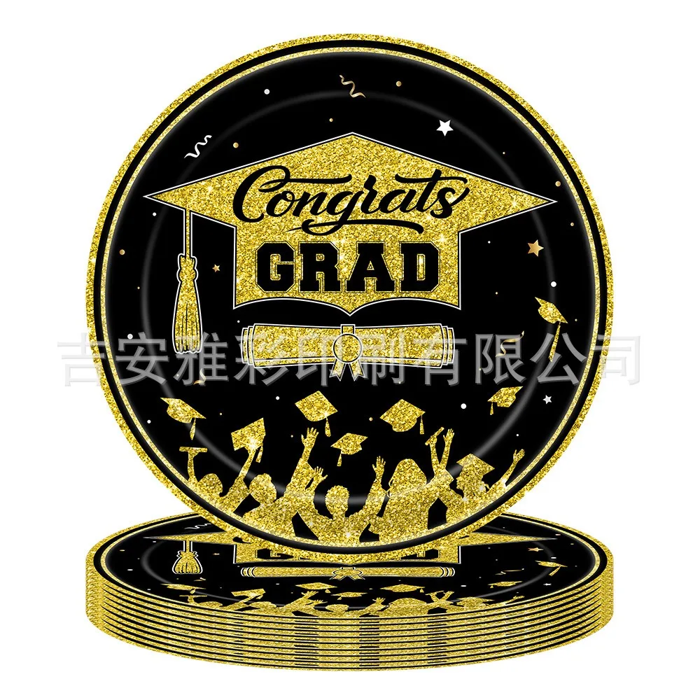 8Guests Graduation Season Disposable Tableware Black Golden Class 2025 Paper Plates Cups Napkins Happy Congrats GRAD Party Decor