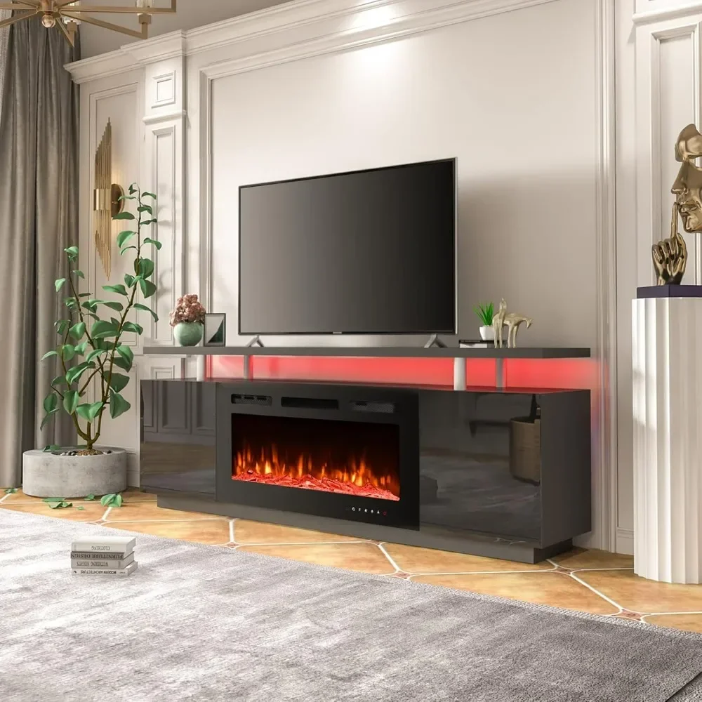 70'' Fireplace TV Stand with 36'' Electric Fireplace, 12 Flame Fireplace Insert Heater and 16 Color Led Lights, TV Console