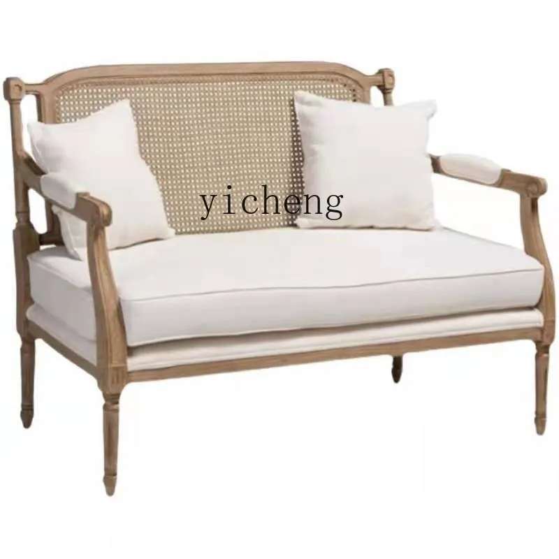 

ZK Solid Wood Rattan Two-Seat Sofa Vintage Distressed Single Leisure Chair Living Room Sofa