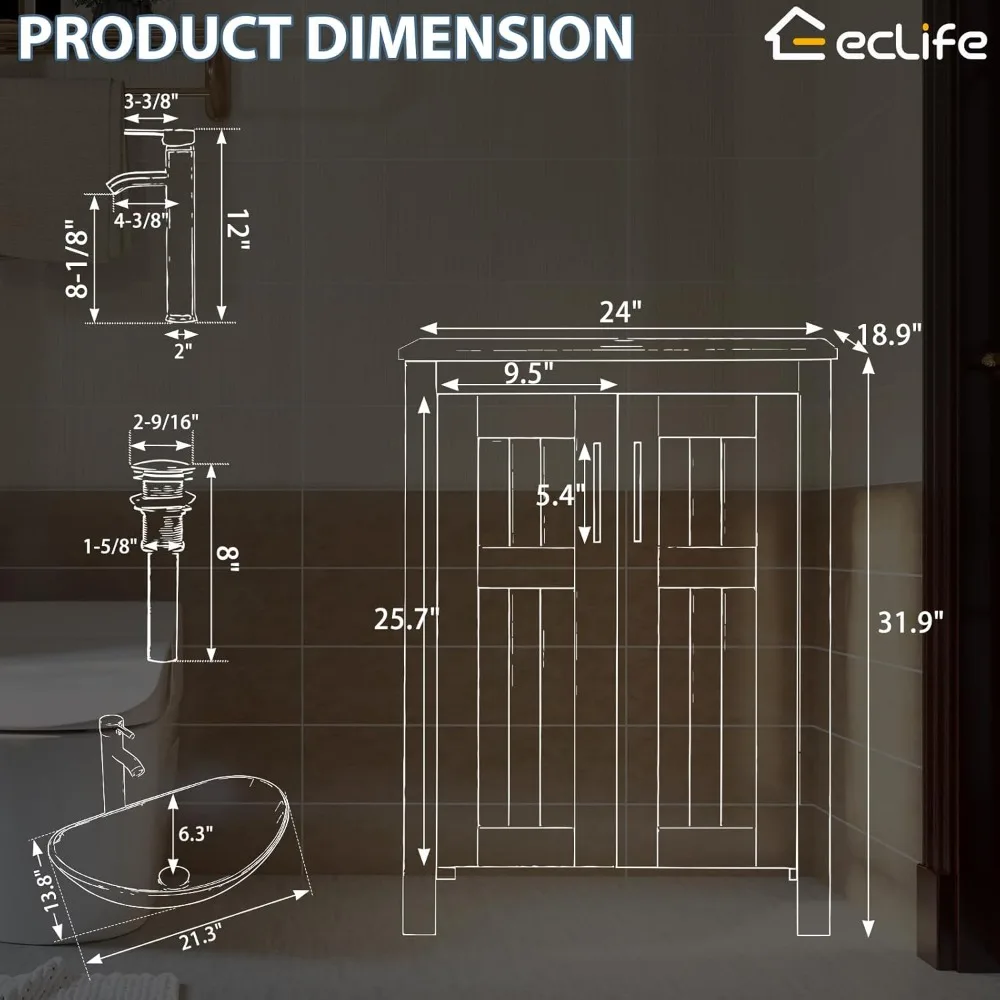 خزانة حمام حديثة قائمة بذاتها مع خطوط مستقيمة، مجموعة 24 حوض، تصميم معاصر بدون حوض B50
