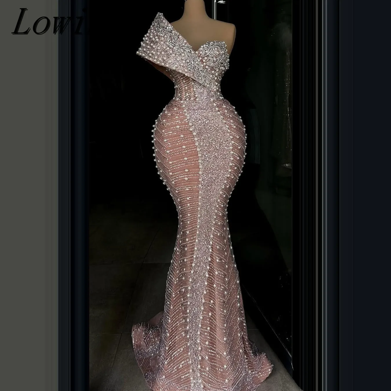 

Pink One Shoulder Evening Gown with Beaded Pearls Crystal Accents Embellished Long Dress Wedding Prom Party Customizable Dress