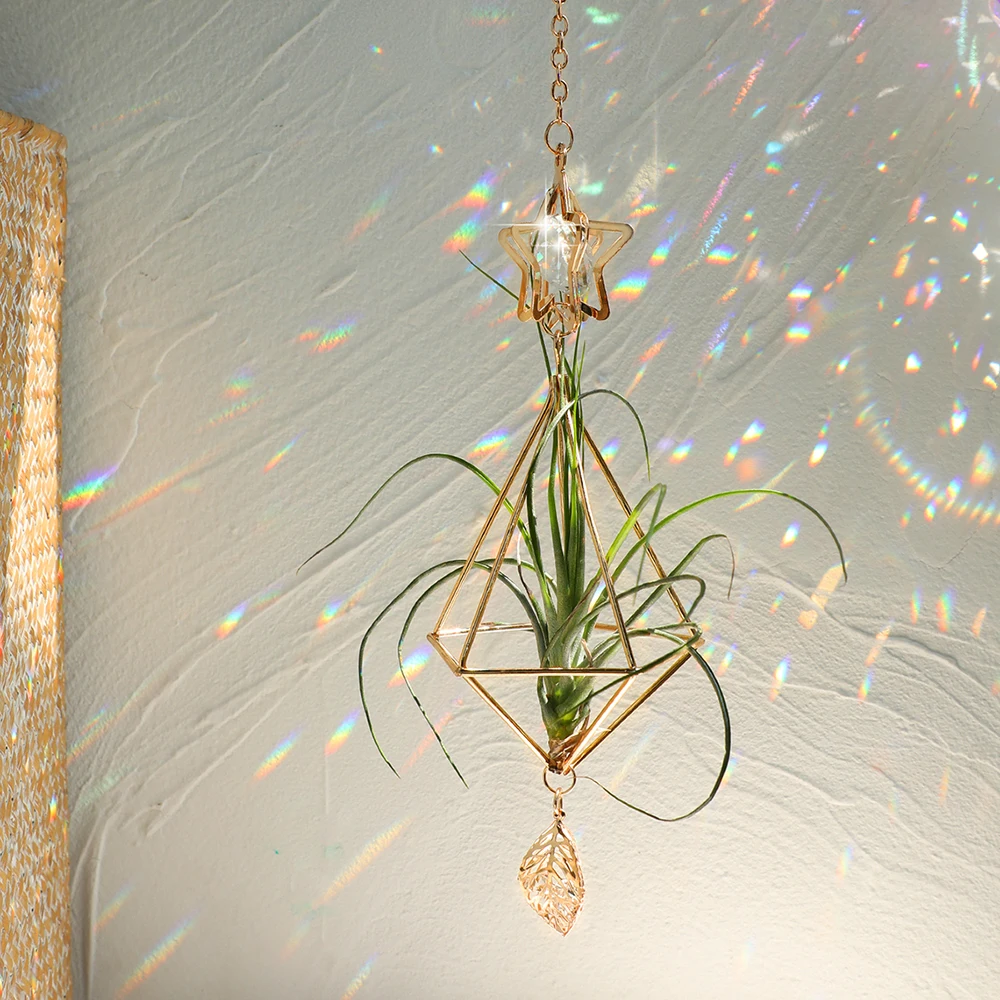 Gold Hanging Air Plant Holder Tillandsia Air Plants Hanger Geometric Himmeli Air Fern Display Planter with Crystal Home Decor