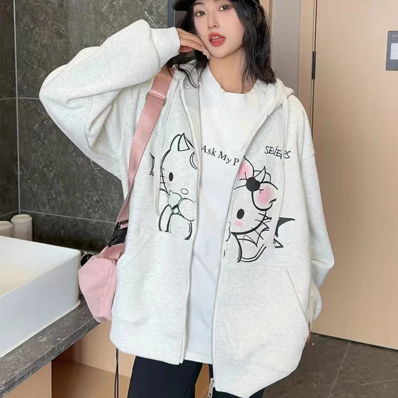 

Женская свободная осенняя куртка Sanrio, одноразмерная куртка на молнии с мультяшным принтом Hello Kitty, свитер с капюшоном для ранней осени, 2024