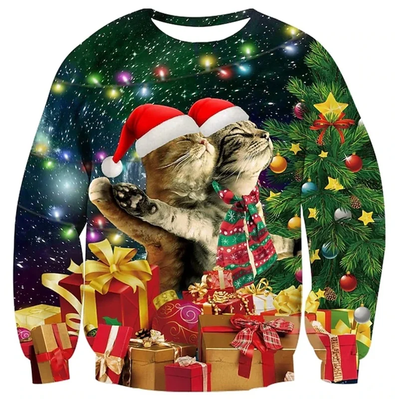 Full Print Funny Cat Pattern Sweatshirt For Men Women Round Neck Christmas Hoodie Clothes Mens Plus Size Sweatshirts Jumpers