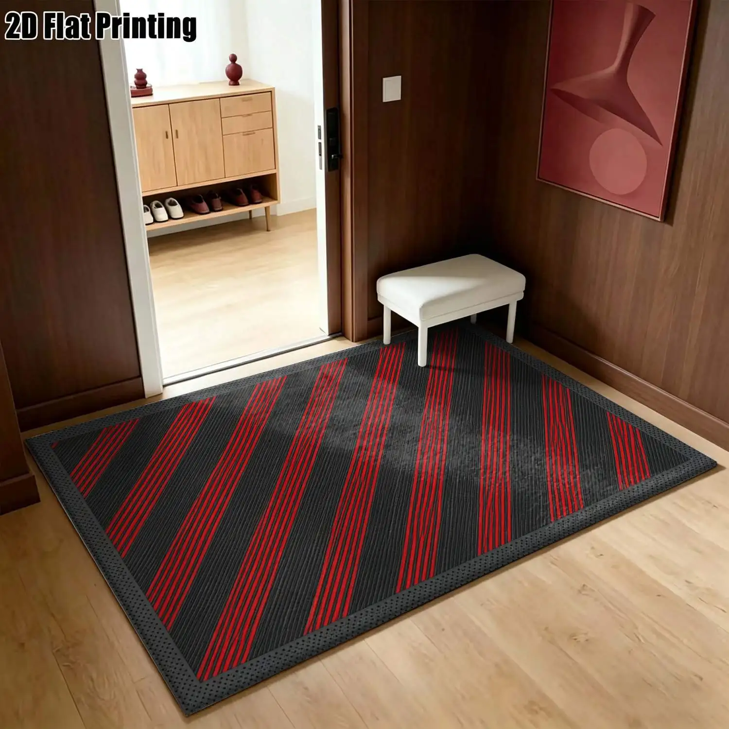 1Pc 2D Printed Carpet: Black Base Red Stripes, Nordic/Modern Minimalist/European Design, Instagram Floor Mat, Geometric Striped Home Decor, Multi-Size, Machine Washable, for Entryway, Dining Room, Foyer, Bedroom, Living Room.