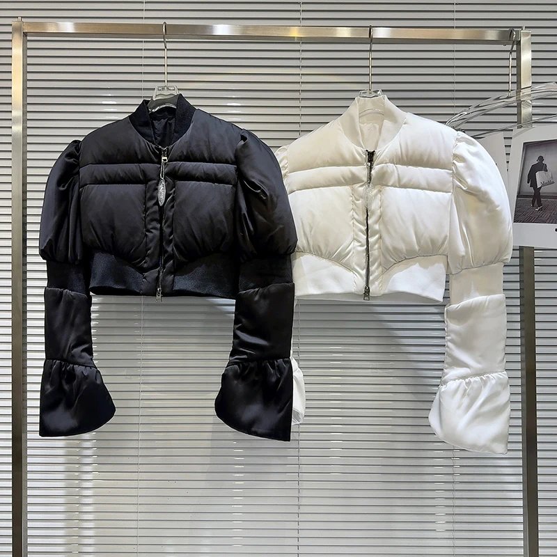 Chaqueta de plumón de algodón ajustada con cuello redondo para mujer, prendas de vestir informales cálidas, chaquetas de plumón de pato blanco con doble cremallera para invierno