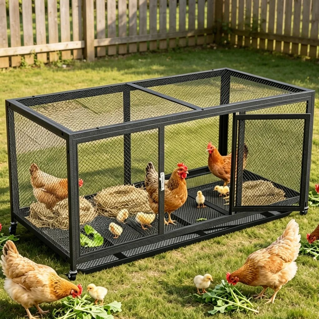 Heavy Duty Metal Chicken Coop Indoor Outdoor Rolling Chicken Hen Poultry Cage with Waterproof Cover Feeding Door for Duck Rabbit