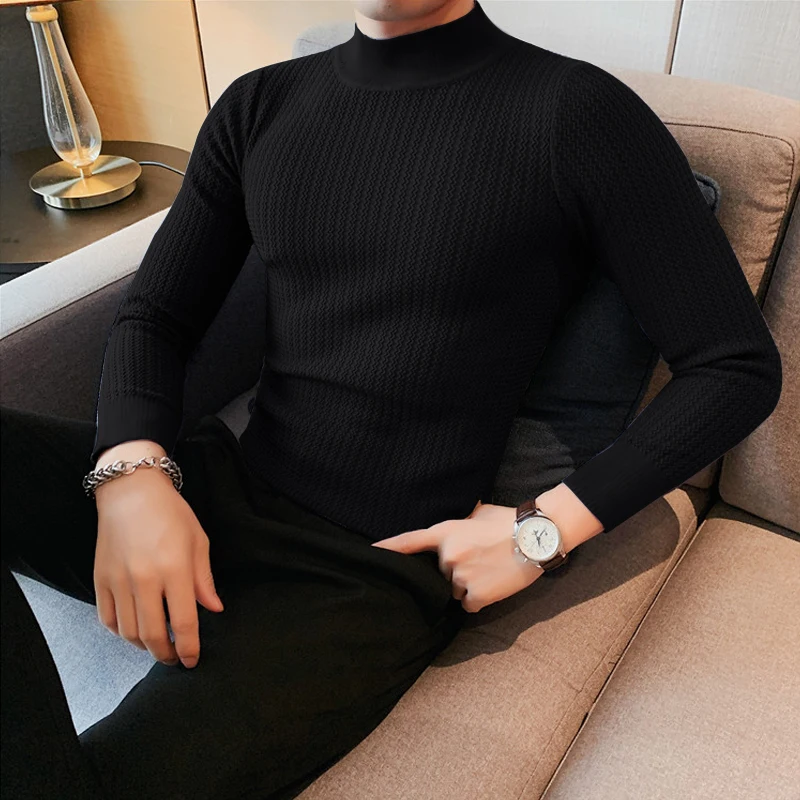 Fall Men\'s Light Luxury Casual Knitted T Shirt Long Sleeve Mock Neck Solid Color Basic Shirt Streetwear Retro Popular Tees S-3XL