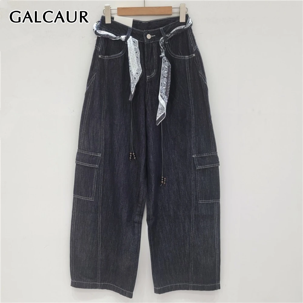 

GALCAUR Black Spliced Lace Up Trouser Female High Waist Loose Streetwear Patchwork Pocket Women's Pants Summer New Style Fashion