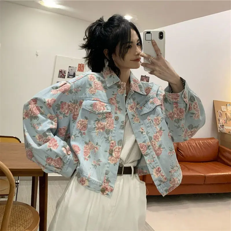 Spring and Summer Rose Print Lapel Long-sleeved Single-breasted Denim Jacket Women's Retro Top