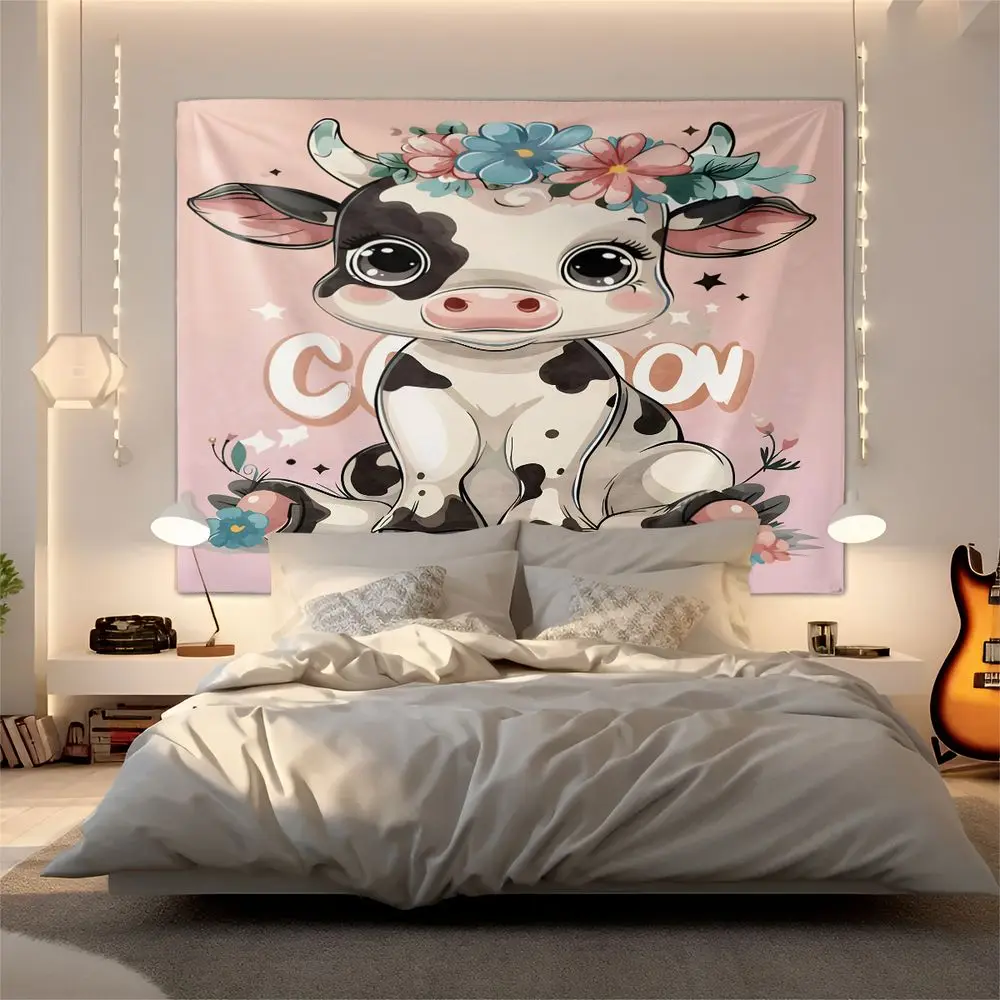 Cute Cow Floral Tapestry Wall Hanging Digital Print Wall Tapestry Backdrop Decor for Teen Bedroom Room Decor