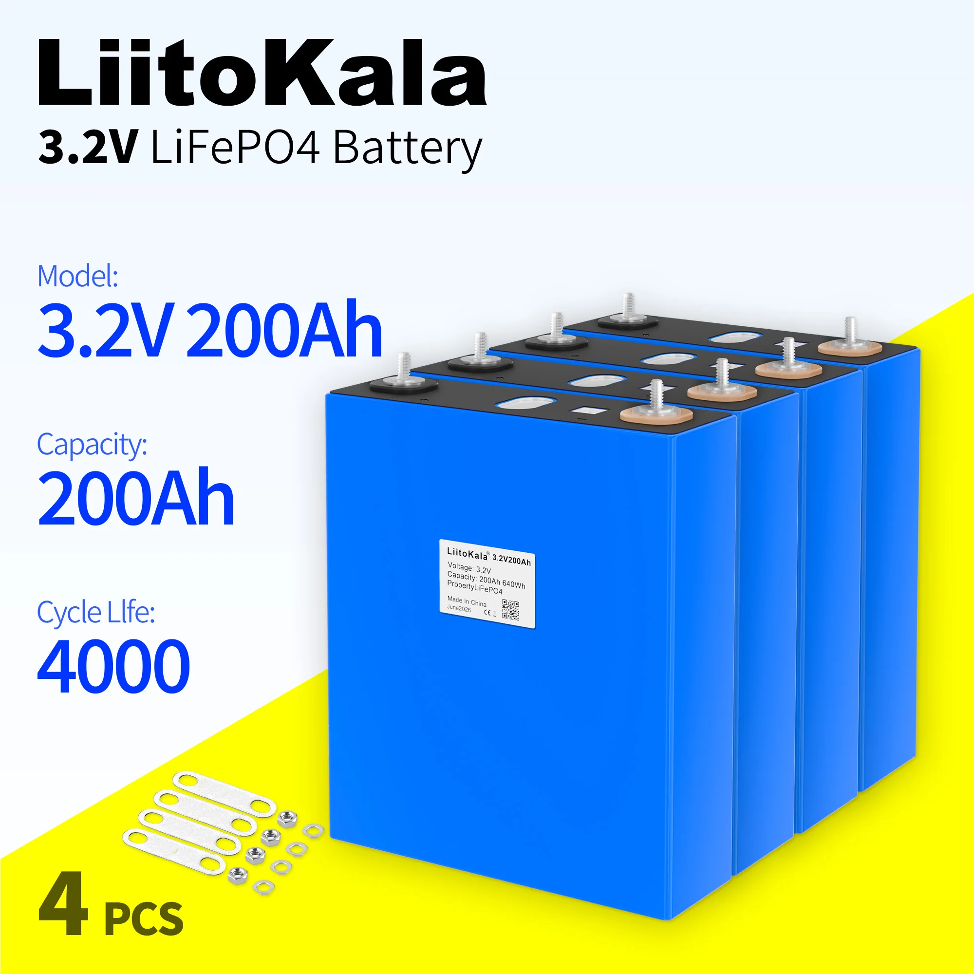 LiitoKala 3.2v 200AH Lifepo4 Cells Rechargeable Battery Lithium Iron Phosphate Cell for RV Solar Home Energy Storage System