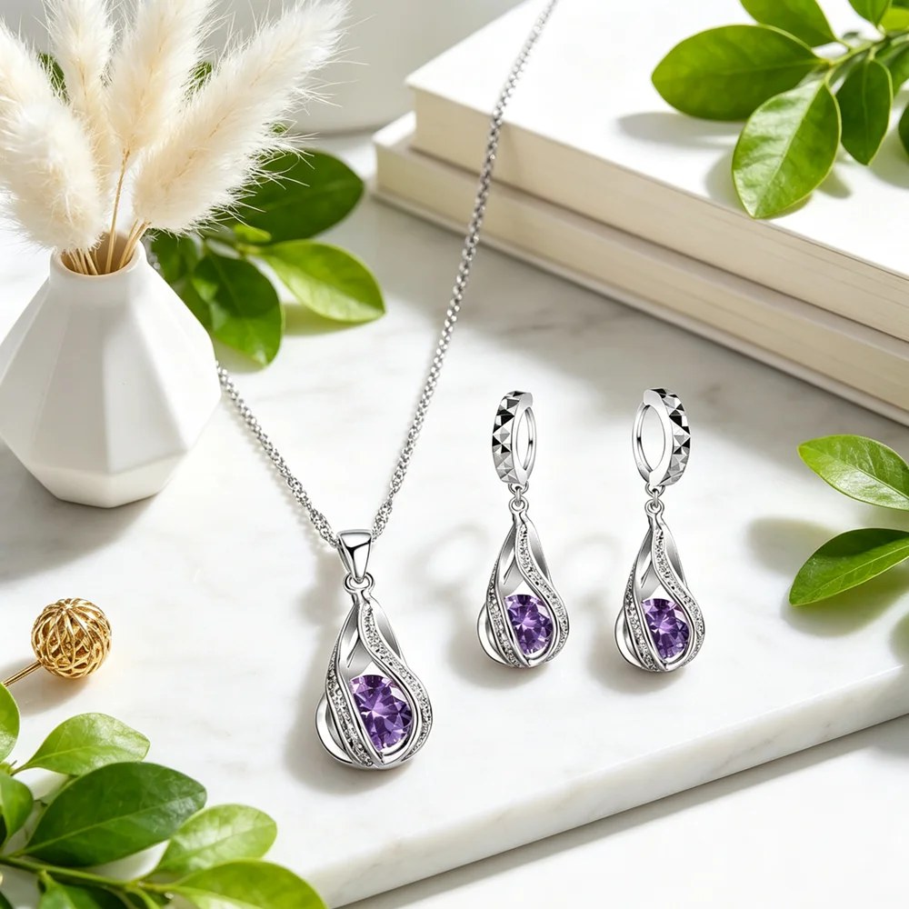 Fast Shipping Top Quality 925 Sterling Silver Wedding Party Jewelry Sets Multiple Color Crystals Pendant Necklace Earrings