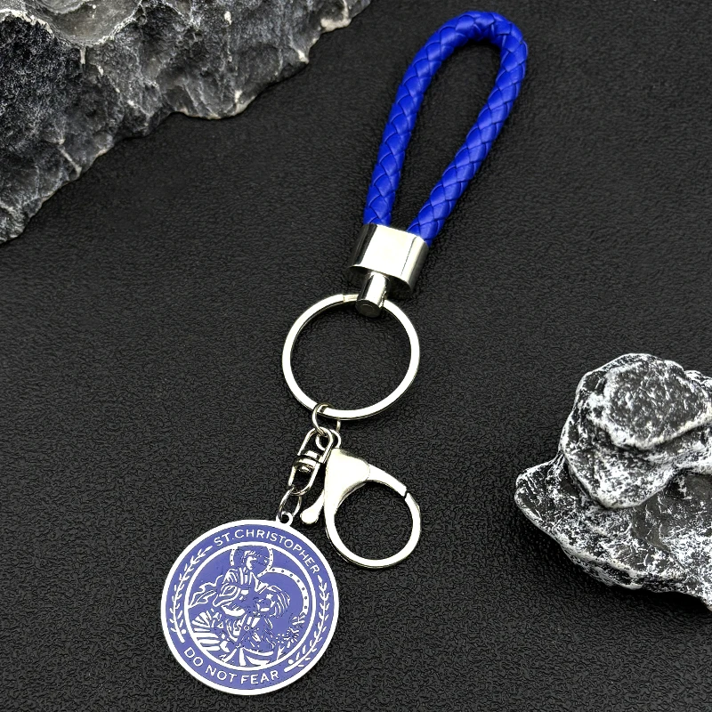 Saint Christopher Pray Us Don't Fear Anhänger Schlüsselanhänger für Damen Herren Edelstahl Blaue Farbe Amulett Leder Schlüsselanhänger Schmuck
