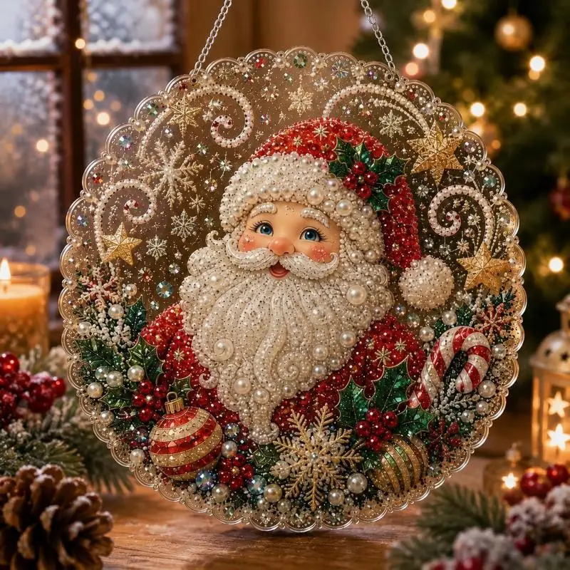 Christmas Pearl Suncatcher Kit, DIY Craft Pre-Assembled Metal Chain, Acrylic Round Board With Lace