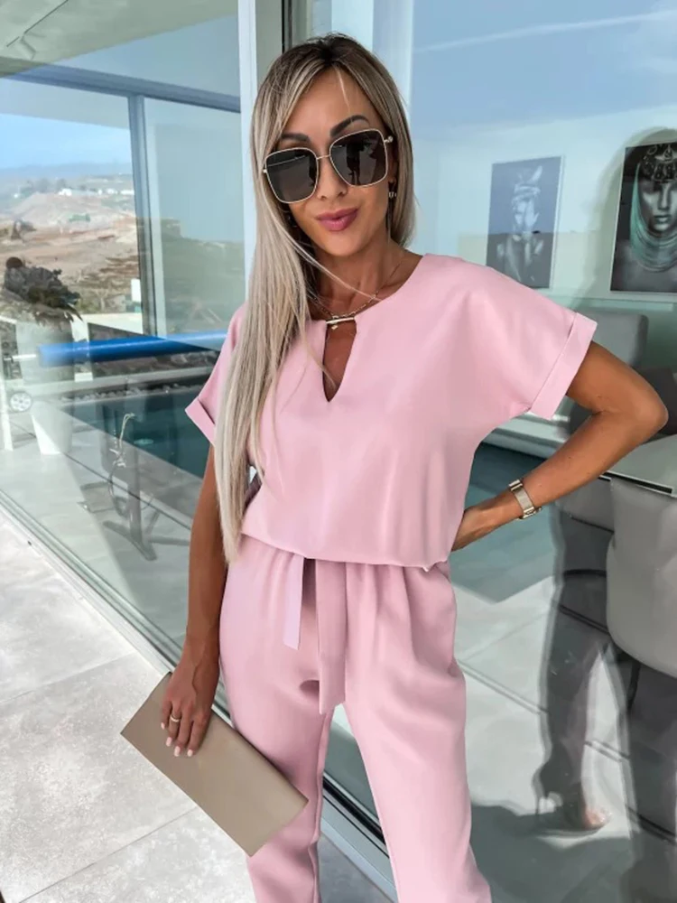 Jumpsuit Women 2023 Solid Color Short Sleeve V-neck Pocket Lace-up Pencil Long Pants Jumpsuits Summer Outfits Bodysuits