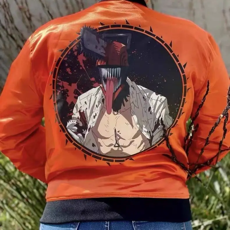 Leather Cotton Jacket Motorcycle Style Baseball Jacket Embroidered Logo Chainsaw Anime Y2k Coats Men Clothing