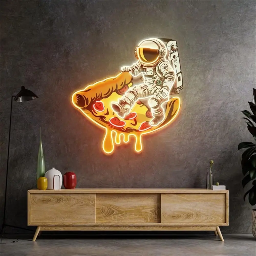 Astronaut on PizzaNeon Signs LED Neon Light Sign Light Up Neon Signs for Pizza Restaurant Food Truck Living Room, Party 24in